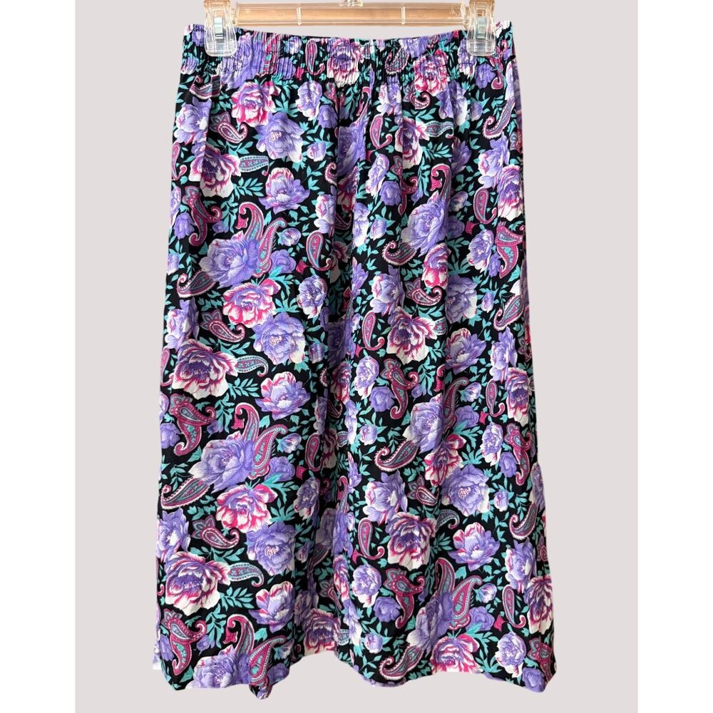 Vintage Floral Paisley Purple‎ Midi Skirt Size 10 Elastic Waist 100% Rayon Boho - Picture 2 of 7